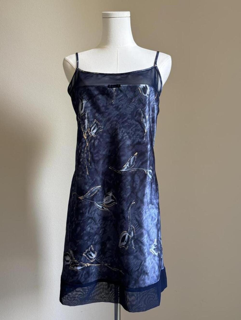 Y2K Navy Mesh Overlay Slip Dress Fairy Grunge Satin Floral Midi Dress